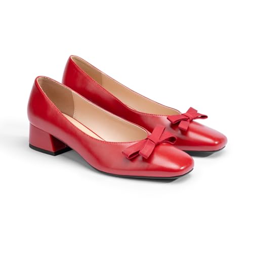 Image of C.Paravano Women's Pumps | Luxury Leather Pumps | 1.5 Inch Chunky Block Heel & Square Toe | Fabric Bow