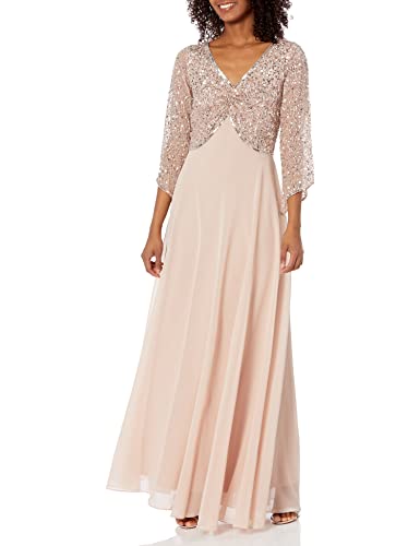 Image of J Kara Women's Petite 3 /4 Sleeve V-Neck Beaded Top Long Gown