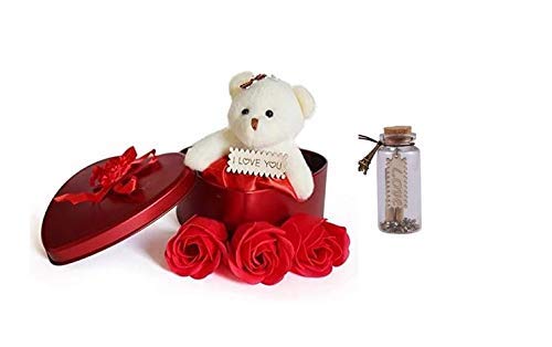 Valentine's Day Gift, Love Box with Message Bottle, 3 Artificial Flower Buds Fragrant,Teddy, HeartBox, Message Bottle, Valentine's Day Gifts, for Wife, Husband, him and her