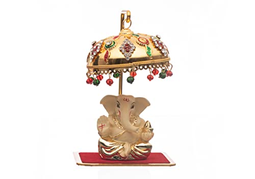 Image of Metal Chhatra Umbrella with Hanging Crystals - Decorative Chatri Aasan for God Idol, Home Temple, Car Dashboard, Office Desk, or Table Showpiece (M 66)