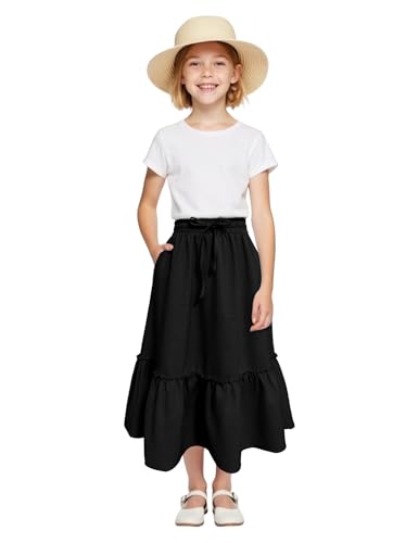 Image of Girls High Waisted Ruffle Maxi Skirt Soft Cotton Long Skirts with Elastic Waistband for Kid Girl 3-12 Years