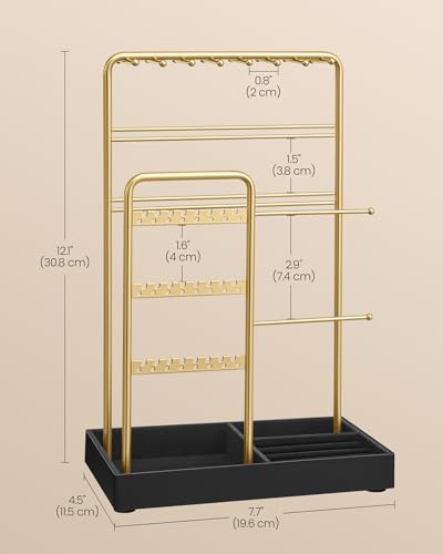 Image of SONGMICS Jewelry Holder, Jewelry Organizer Display Stand with Metal Frame, Velvet Tray, Necklace Earring Bracelet Holder, for Studs, Rings, Gift Idea, Pale Gold and Ink Black UJJS021AB02