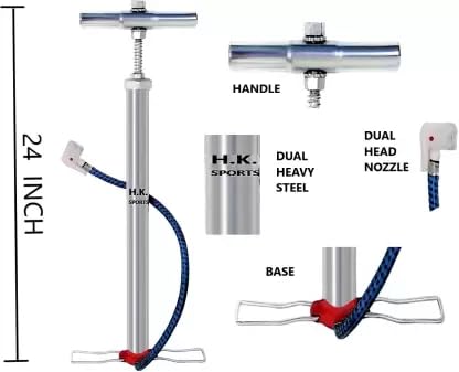 Image of Heavy Portable Steel Cycle Air Pump with Needle & Dual Valve | Ergonomic Grip with Sturdy Base for Bicycle, Football, Balloon, Ball, Basketball, Handball, Inflatable Furniture (Silver)