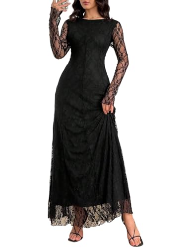 SweatyRocks Damen Spitzen Kleid Elegant Langarm Maxikleid mit Spitze A-Linie Partykleid Bodycon Cocktailkleid Spitzenkleid Festival Outfit Schwarz M