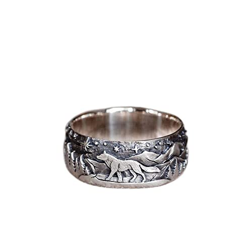 SUKKCCNO S925 Vintage Silver Couple's Loyal Wolf Totem Ring Simple Fashion Wedding Engagement Ring for Men and Women