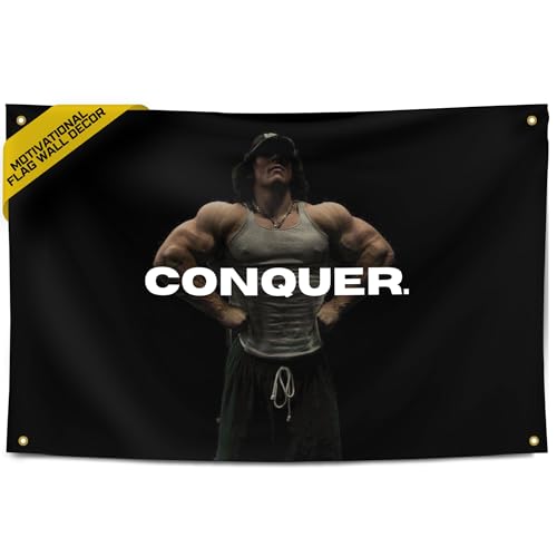 Gold Trident Flags Conquer Motivational Gym Flag – Sam Sulek Poster – Discipline Banner for Gym, Dorm, Home Workout Space – Cool Fitness Wall Decor