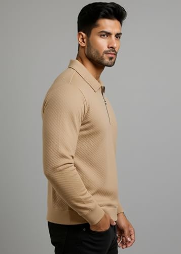Image of Peppyzone Men's Full Sleeve Textured Polo T-Shirt with Collar | Stylish Chain Zip Tshirt for Man | Premium Polyester Lycra Stretch Fabric | Long Sleeve T Shirt for Men