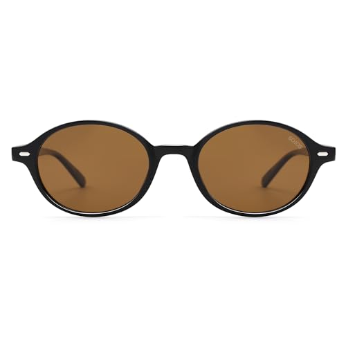 SOJOS Gafas de sol polarizadas retro ovaladas para hombre y mujer, vintage, modernas, redondas, 90s, con protección UV400, SJ2611, Marco negro y lentes marrones, medium