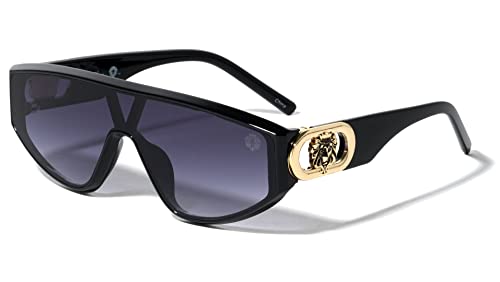 Kleo Opulent - Wide One Piece Shield Coin Side Lion Head Medallion Hip Hop Sunglasses