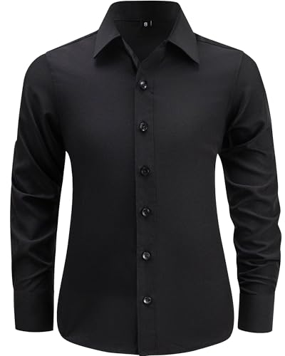 Todbiccz Boys Button Down Shirt Long Sleeve Dress Shirts 4-Way Stretch Wrinkle-Free Formal School Uniform Black