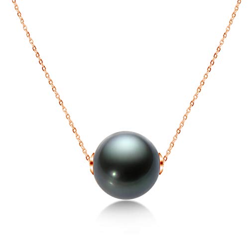 18K Rose Gold Plated Genuine Single Black Tahitian South Sea Cultured Pearl 10-11mm Round Pendant Sterling Silver Necklace Gifts for Women