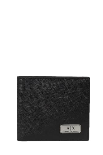 Armani Exchange A|X mens Plate Logo Saffiano Leather W/Coin Pocket Bifold Wallet, Black, Small US