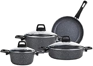 Karaca Atlas Bio Granite 4 Pieces Cookware Set, Cookware Set, Non-Stick Coating, Pot Pan Set with Glass Lids, Dishwasher Safe, Granite