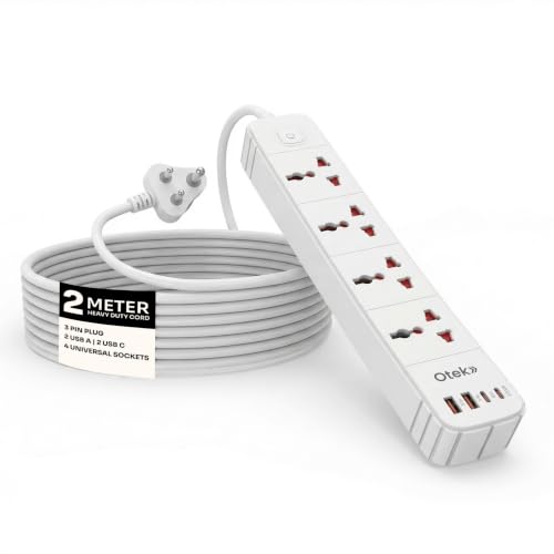 Image of OTEK Extension Board Power Strip 4 Universal Sockets 2 USB Type A 2 Type C Ports 2 Meter Cord 2500W 10A Surge Protector Fire Resistant ABS Body White for Home Office
