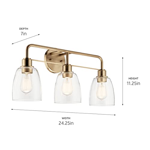 Image of Kichler Meller 3-Light Industrial Vanity Light, Champagne Bronze | Modern vanity light with clear glass for bathroom mirrors (24.25 inch x 11.25 inch x 7 inch), 55102CPZ