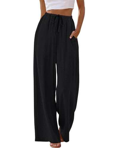 Image of Sampeel Wide Leg Pants for Women Flowy Palazzo Drawstring Elastic Waist Trousers with Pockets Summer Beach Vacation Clothes