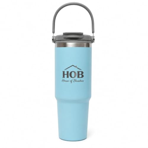 Image of House of Bhaskar 900ml Insulated Coffee Mug with Handle & Lid - Leakproof Stainless Steel Vacuum Travel Mug, Hot 8 Hrs & Cold 12 Hrs, Ideal for Gym, Office, Car & Travel (Sea Blue)