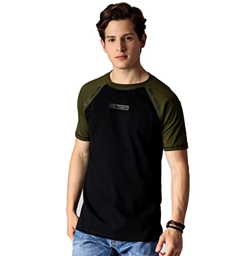 Image of Men's Round Neck Combed Cotton Black Olive 3D Print Raglan Half Sleeve T-Shirts for Men (STM-009)