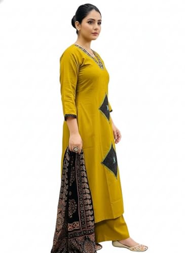 Image of BHARVITA Women's Rayon Handwork Embroidered and Printed Straight Kurta with Pant And Dupatta Sets
