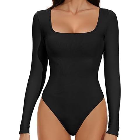 MooonGem Long Sleeve Bodysuit Womens, Thong Shapewear Bodysuit for Women, Square Neck Long Sleeve Workout Tops for Women Clothing (Black Thong 2XL) Cover