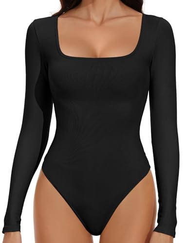 Long Sleeve Bodysuit Womens, Thong Shapewear Bodysuit for Women, Square Neck Long Sleeve Workout Tops