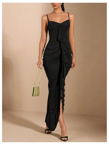 Image of Floerns Women's Ruffle Ruched Cami Dress Draped Split Elegant Bodycon Maxi Dresses