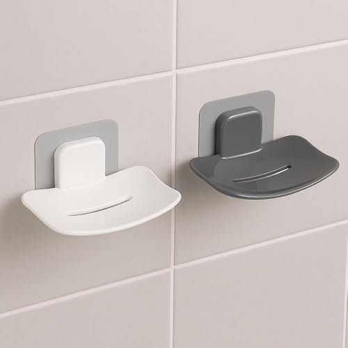 Image of Self-Adhesive Soap Holder for Bathroom (2 Pack (Black /White)) Wall Mounted No-Drill Soap Stand with Water Drainage | Strong Sticker Plastic Soap Dish for Wash..