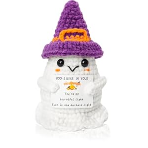 Halloween Crochet Ghost – Emotional Support Crochet Animals with Positive Card, Mini Knitted Crochets Dolls for Halloween Party Gifts Decoration