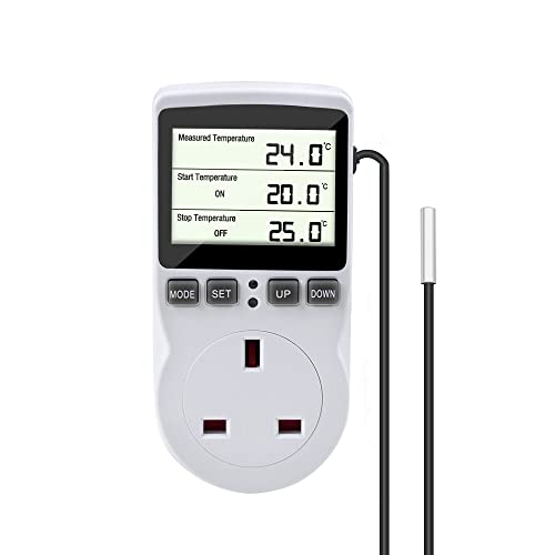Gobesty Digital Temperature Controller Thermostat Outlet Socket 230 V Digital Thermostat Outlet Plug with Temp Sensor Temperature Switch Heating Cooling Timer for Greenhouse Farm Aquarium Reptile