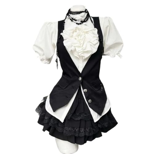 Ouji Fashion Blouse/Vest/Skirts - Vkei Victorian Clothes Set, Goth Jirai Kei Jfashion Retro Steampunk Outfits (Skirts,Small)