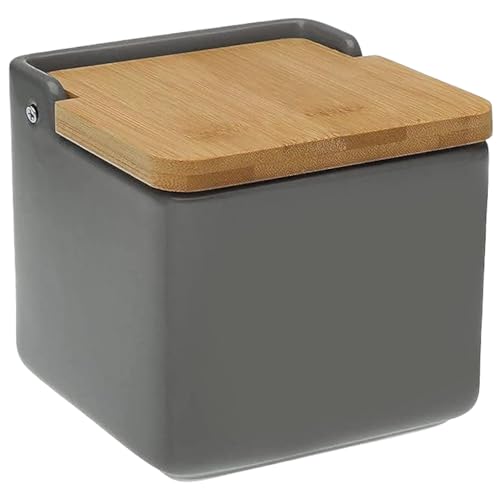 TIENDA EURASIA - Salero de Cocina de Cerámica | Color Gris | Tapa Abatible de Bambú | Medida 12 x 12 x 11 cm | Saleros Originales