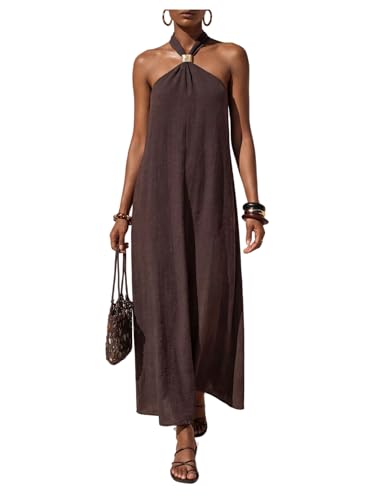 Image of GORGLITTER Elegant Wedding Guest Dresses for Women UK Metal Decor Halter Neck Slit A Line Flowy Maxi Dress for Date Party Vacation Brown Large