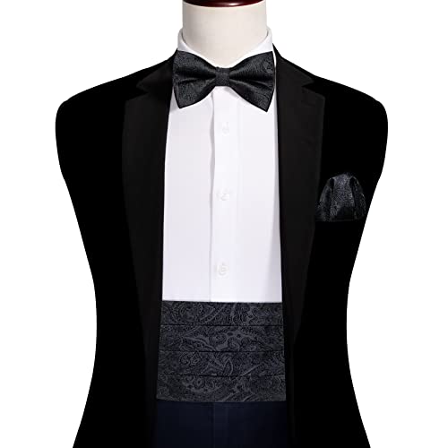 Image of Barry.Wang Men Silk Paisley Cummerbund and Pre-tied Bowtie Handkerchief Cufflink Set for Tuxedo