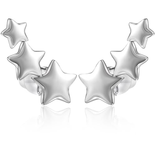 Star Earrings for Women Set 1 Pairs 316L Stainless Steel Hypoallergenic Earrings Star Climber Stud Earrings Set (Silver/Gold/Rose Gold)
