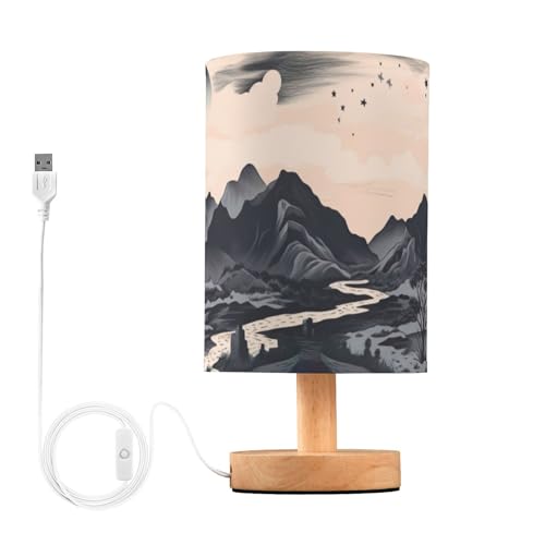 SDMKA Desert Landscape Bedside Table Lamp for Bedroom, Minimalist Nightstand Lamp with Round Fabric Shade for Living Room, Office, No Bulb Required