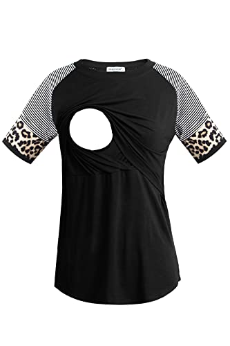 Smallshow Women's Nursing Shirts Short Patchwork Sleeve Breastfeeding Top Black Medium #TOP5