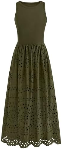 dowerme Women Summer Dresses 2025 Casual Sleeveless Crewneck A-Line Boho Lace Eyelet Cotton Tank Maxi Dress with Pockets