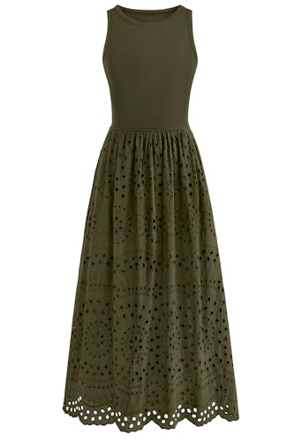 Image of dowerme Women Summer Dresses 2026 Casual Sleeveless Crewneck A-Line Boho Lace Eyelet Cotton Tank Maxi Dress with Pockets