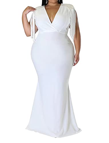 Women's Plus Size Bodycon Dress - Elegant V Neck Tassels Sleeve Wrap V Neck Solid Sexy Evening Party Maxi Long Dress White 3Xl #TOP2
