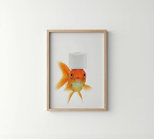 Ajsupplydecor Goldfish Wood Framed Poster Art Print, Animal Toilet Paper Restroom Wall Art Bathroom Restroom Washroom Humor Cute Nature Decor Gallery B79 (Goldfish, 14" L x 11" W, Wood Frame)