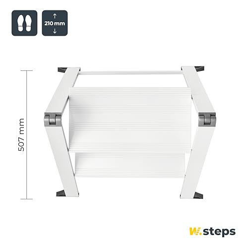 Weisse Alu Trittleiter Vikingstep Midi von W.Steps I 480mm hoch I Belastbar bis 150kg I Kompakte Aluminium Klapptrittleiter mit 2 Stufen I Nur 35mm breit I 3169011