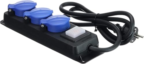 as - Schwabe 3-fach Verteilersteckdosenleiste mit Schalter, Schutzkontaktsteckdosen mit Klappdeckeln, 1,5 m Leitung, Mehrfachsteckdose für den Außenbereich 230V, 16A, IP44, Schwarz, 38603