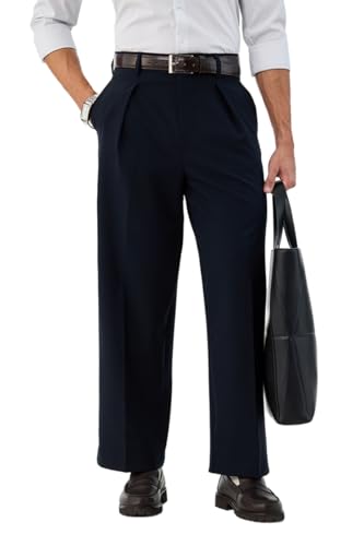 Image of SNITCH Men Casual Trousers | Baggy Fit Wide-Leg Design with Pleated Front & Button Closure | Durable Polyester Blend & Medium-Stretch Fabric for Summer Wear