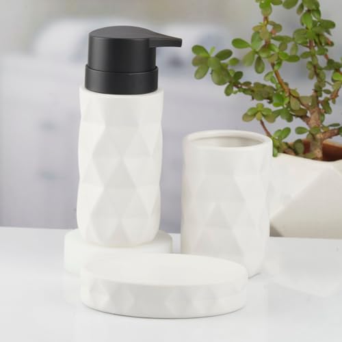 Image of SaSaSa Ceramic Bathroom Set of 3 Modern Bath Accessories Kit with Soap Dispenser, Toothbrush Holder & Dish - Stylish & Elegant Bathroom Decor, White (10725)