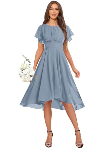 OFEECHUN Women's Chiffon Bridesmaid Dresses Short Sleeve Pleated A Line Formal Wedding Guest Gown