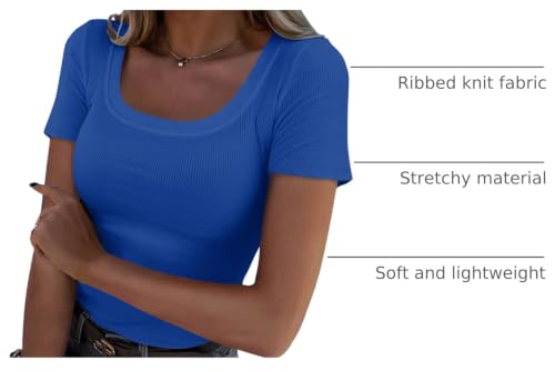 Image of Roselux Women's Summer Scoop Neck Short Sleeve T-Shirts Ribbed Knit Slim Fitted Casual Basic Top