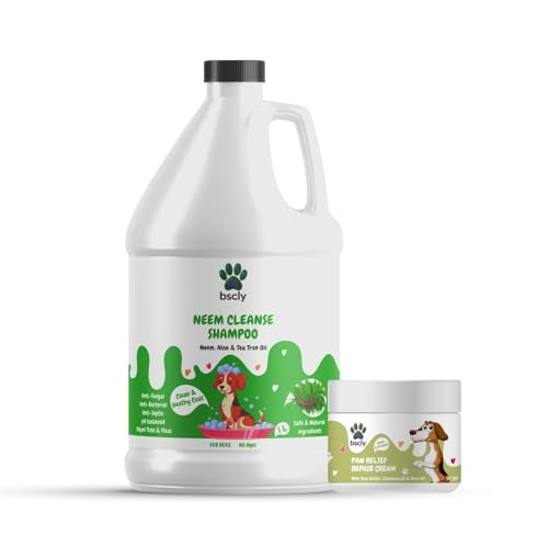 Image of Bscly Neem Pet Shampoo + Paw Cream - Ticks & Fleas Prevention, Enriched with Aloe & Coconut Oil, Ph Balanced Dog Shampoo, Heals Skin - Combo Pack of 2