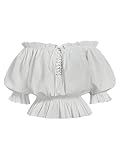 MakeMeChic Women's Renaissance Peasant Off The Shoulder Blouse Puff Sleeve Lace Up Frill Trim Ruffle Hem Shirt Tops White Small