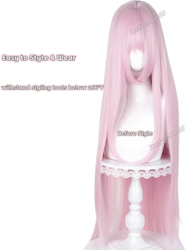 Image of Long Straight Light Pink Anime Cosplay Wig 39'' Pastel Pink Wigs with Bangs | Pink Virtual Singer Costume Wigs for Women Halloween Party Daily