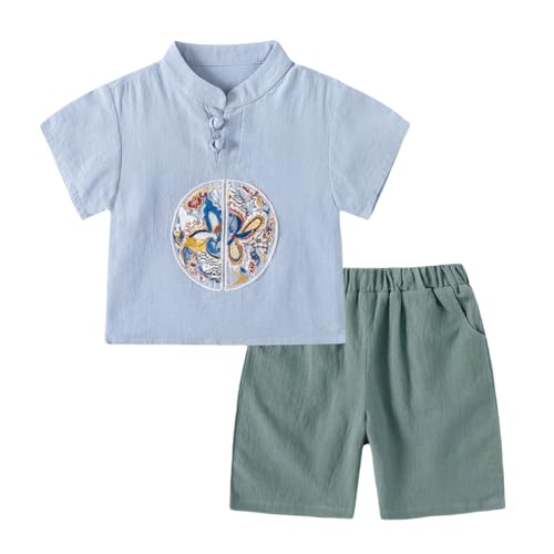 Image of Irsutey Toddler Boys Tang Suit Chinese Traditional Outfits Set Embroidered Short Sleeves Top and Shorts Set (Blue,100/18-24 M)